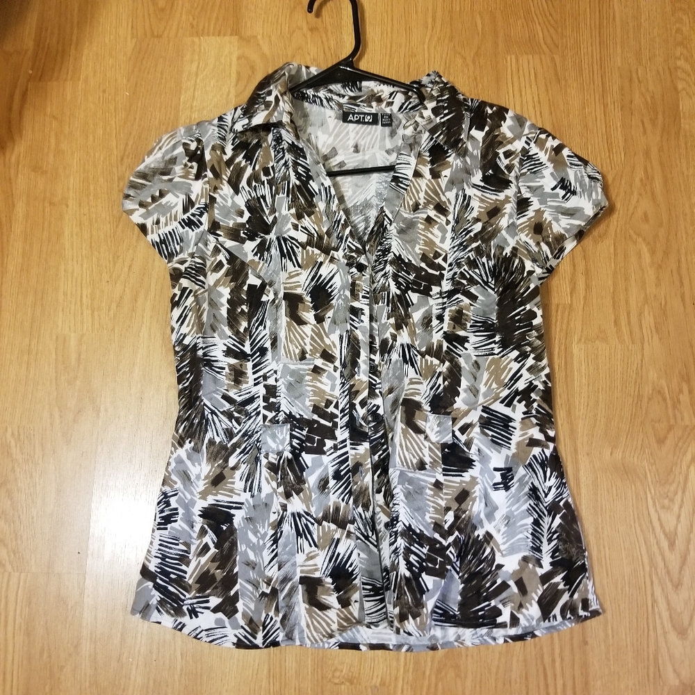 APT 9 Collared All Over Print Brown Buttoned Top Petite M Artcore